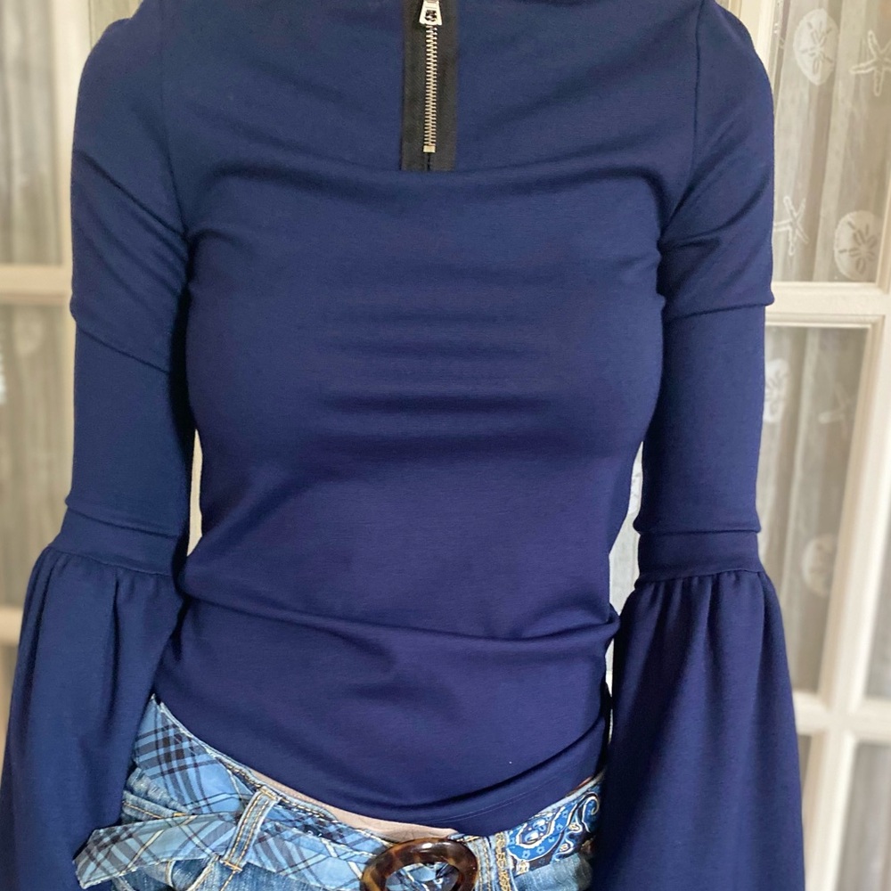 Torn by Ronny Kibo Elegant Navy Women's Top with Bell Sleeves XS